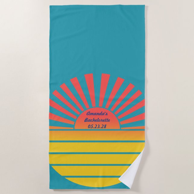 Toalla De Playa Despedida de Soltera Retro Sol Naciente Azul Rojo  (Anverso)