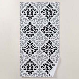 Toalla De Playa Desplazamiento Damask Gran patrón negro gris blanc