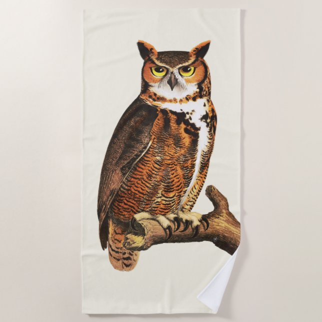 Toalla De Playa Dibujo de búho de cuerno grande de época (Anverso)