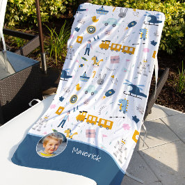 Toalla De Playa Dibujo del patrón de niño y nombre niño azul