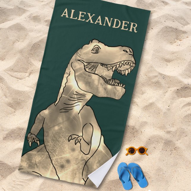 Toalla De Playa Dinosaurio de nombre de niño personalizado (T-Rex dinosaur boys custom name beach towel for dino lovers)