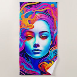 Toalla De Playa Diosa neón con el pelo cósmico flotante