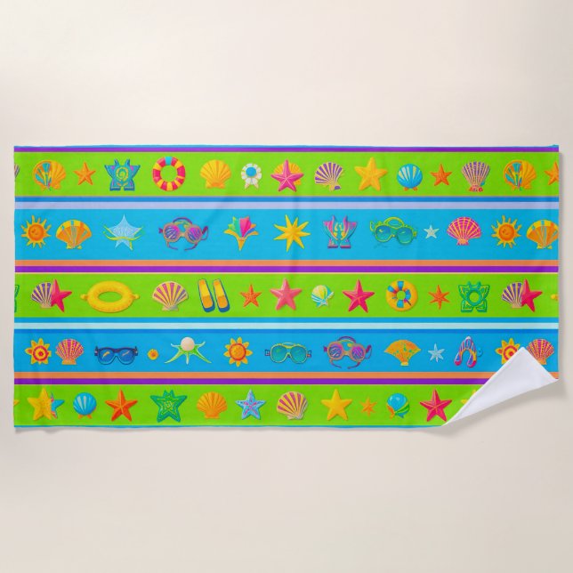 Toalla De Playa 🌊 Diseño de Elementos de Playa Soleada Tropical � (Anverso)