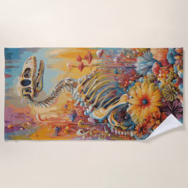 Toalla De Playa Diseño de fantasía floral esqueleto de dinosaurio 