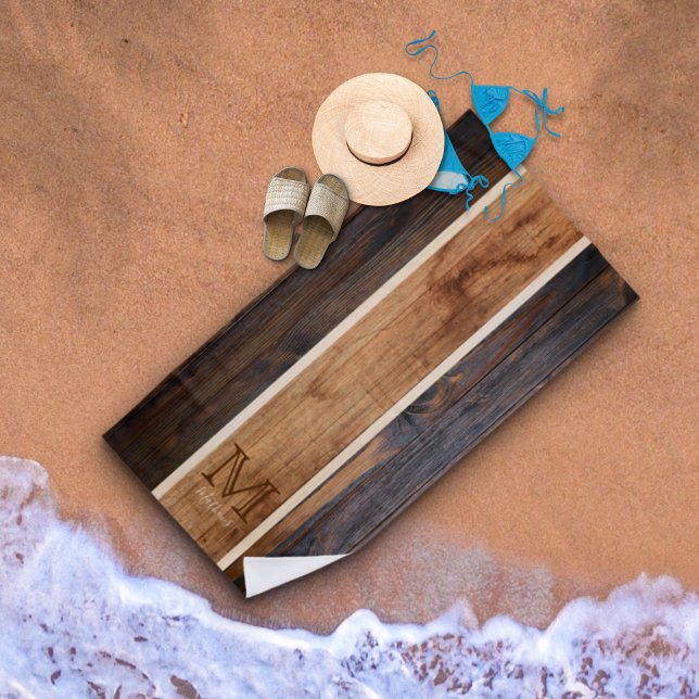 Toalla De Playa Diseño de franja de monograma de tono de madera rú (Subido por el creador)