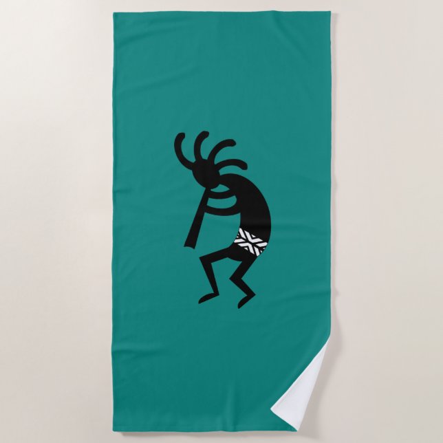 Toalla De Playa Diseño De Kokopelli De Teal Y Negro (Anverso)