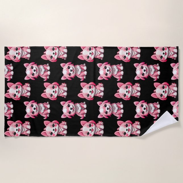 Toalla De Playa Diseño de patrón de perro de cachorro rosa - negro (Anverso)