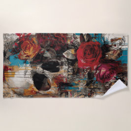 Toalla De Playa Diseño floral de arte callejero con cráneos y rosa