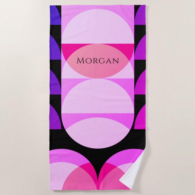 Toalla De Playa Diseño geométrico rosado morado, nombre/monograma (Anverso)