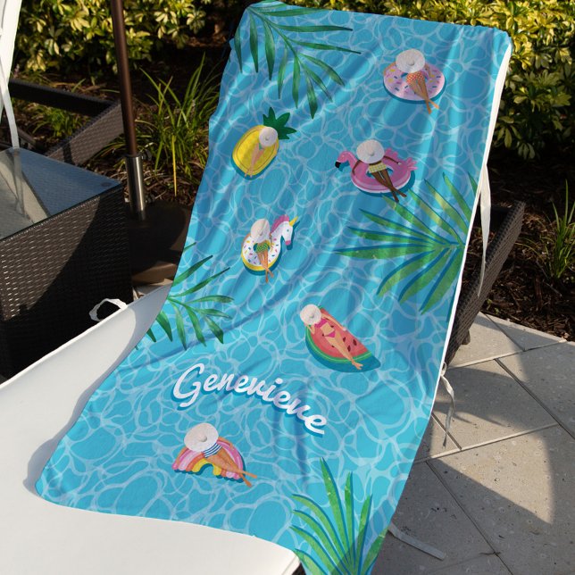 Toalla De Playa Diversión nombre personalizado flotación de piscin (Fun Personalized Name Tropical Summer Pool Floats Beach Towel)