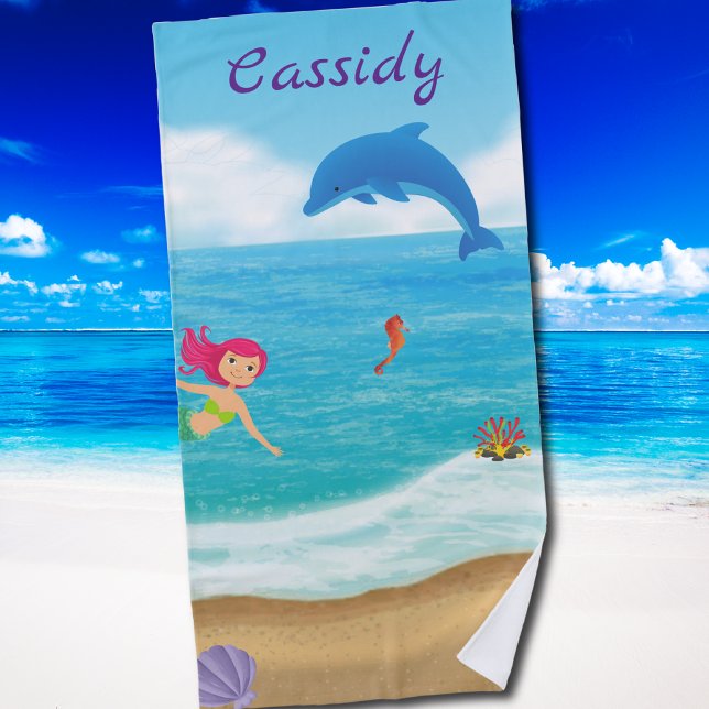 Toalla De Playa Diversión personalizada en Sun Mermaid Dolphin Bea (Fun in the Sun Mermaid Dolphin Beach Personalized Beach Towel)