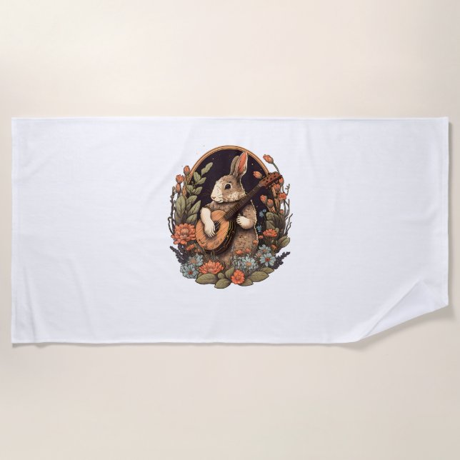 Toalla De Playa Divertido conejito jugando banjo guitarra música c (Anverso)