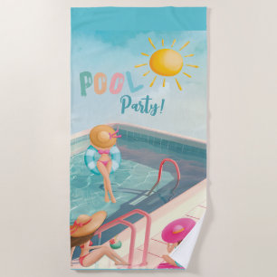 Toalla De Playa Divertido Fiesta de la piscina de verano acuarela