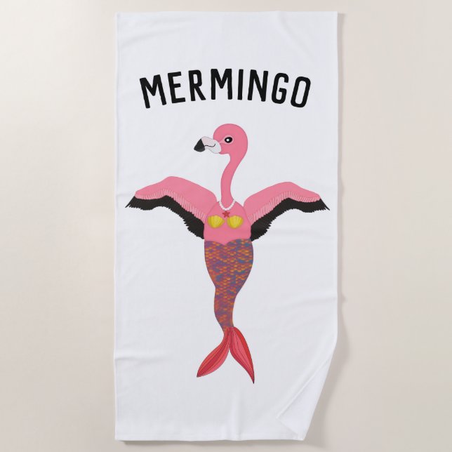 Toalla De Playa Divertido Mermingo Rosa Flamingo Sirena de verano (Anverso)
