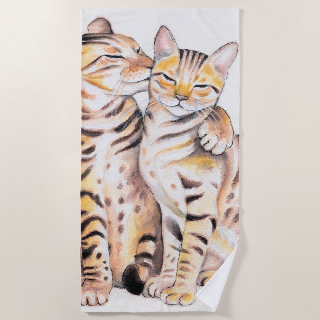 Toalla De Playa Dos gatos bengalíes acuarela arte (Anverso)