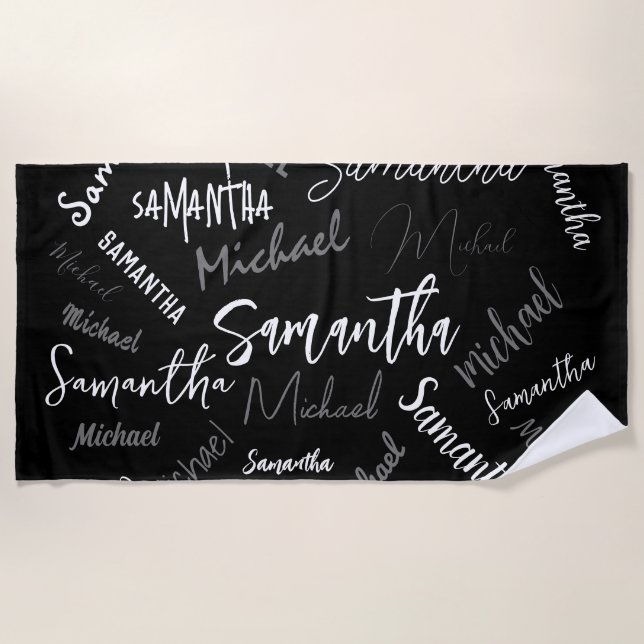 Toalla De Playa Dos nombres pareja patrón monograma blanco negro (Anverso)