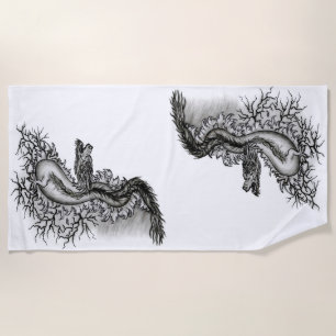 Toalla De Playa Dragón chino, diseño blanco y negro en tatuostyl