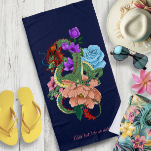 Toalla De Playa Dragón Chino Verde Místico Floral Azul Marino