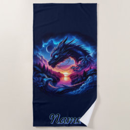 Toalla De Playa Dragon Silhouetti contra una vibrante puesta de so