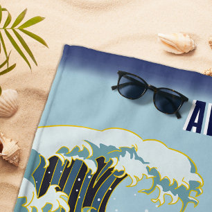 Toalla De Playa Dragón Verde Personalizado Onda Azul Sol Rojo