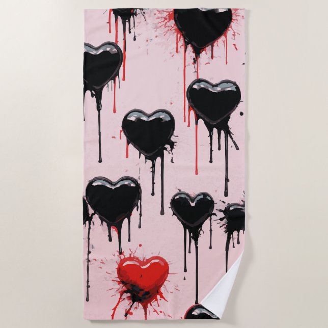 Toalla De Playa Dripping Black Hearts Pattern – Dark Love Art (Anverso)