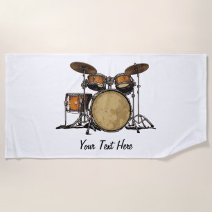 Toalla De Playa Drums Drummer Personalizado blanco negro de música