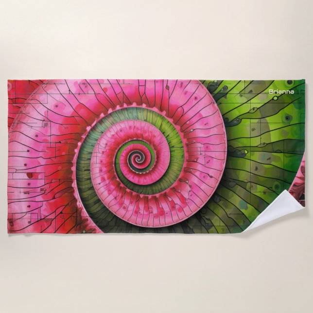 Toalla De Playa Dubman Designs: Fibonacci rosa y verde brillante  (Anverso)