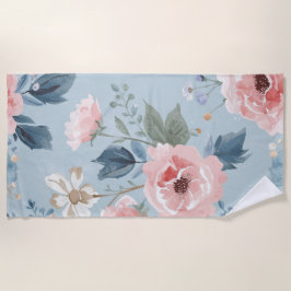 Toalla De Playa Dusty Blue Floral Watercolor Garden Pink Blooms