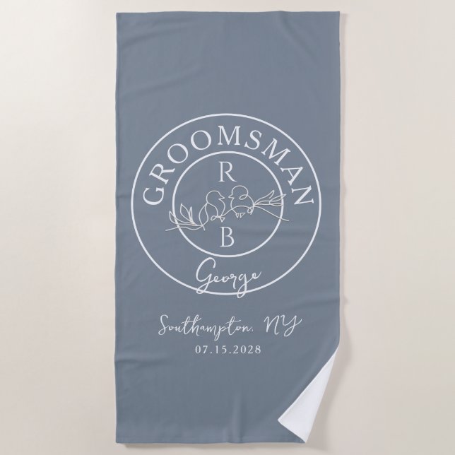 Toalla De Playa Dusty Blue Monogram Groomsman (Anverso)
