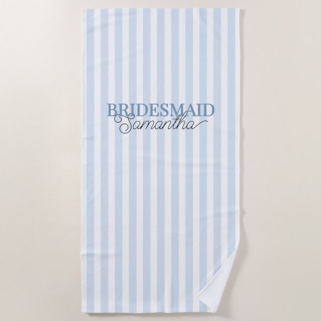 Toalla De Playa Dusty Blue Striped Personalizado Nombre Bridesmaid (Anverso)