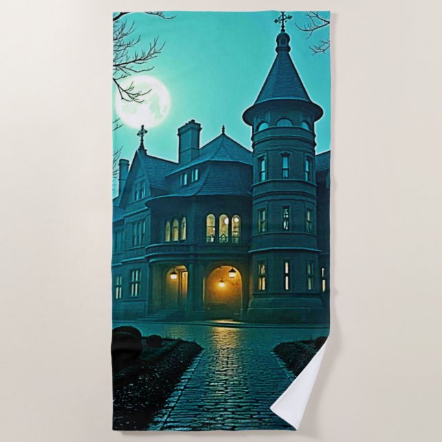 Toalla De Playa Eerie Victorian Mansion Moonlight (Anverso)
