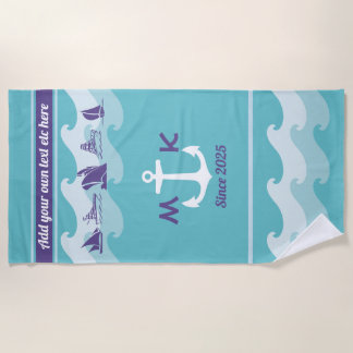 Toalla De Playa El ancla agita el monograma náutico del yate del