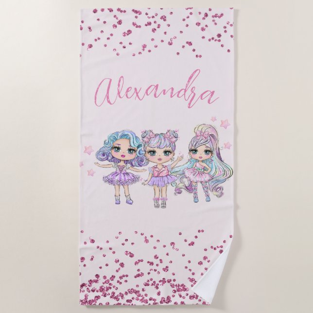 Toalla De Playa El nombre del Chica de muñecas Purpurinas en rosad (Anverso)