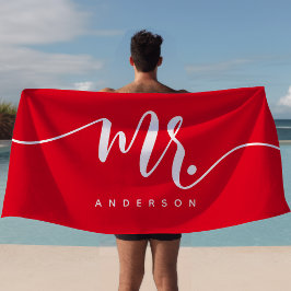 Toalla De Playa El Sr. Red Y White New Groom Personalizado