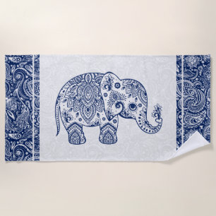 Toalla De Playa elefante de paisley floral azul marino y blanco