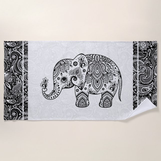 Toalla De Playa Elefante de Paisley Floral Negra y Blanca (Anverso)