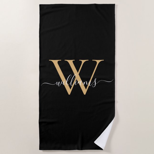 Toalla De Playa Elegant Black Gold Custom Monogram Script Name (Anverso)