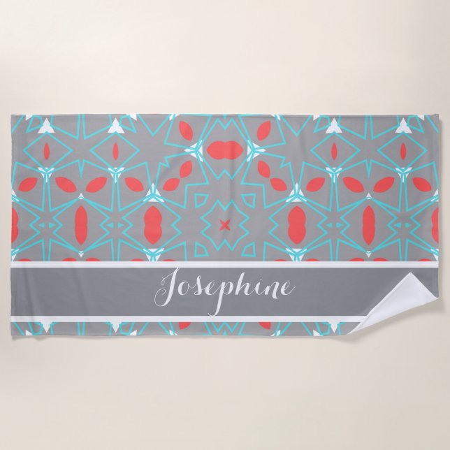 Toalla De Playa Elegant Coral Turquoise Grey Geometric Pattern  (Anverso)