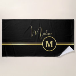 Toalla De Playa Elegant Gold Signature Monogram on Black