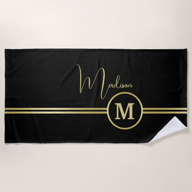 Toalla De Playa Elegant Gold Signature Monogram on Black (Anverso)