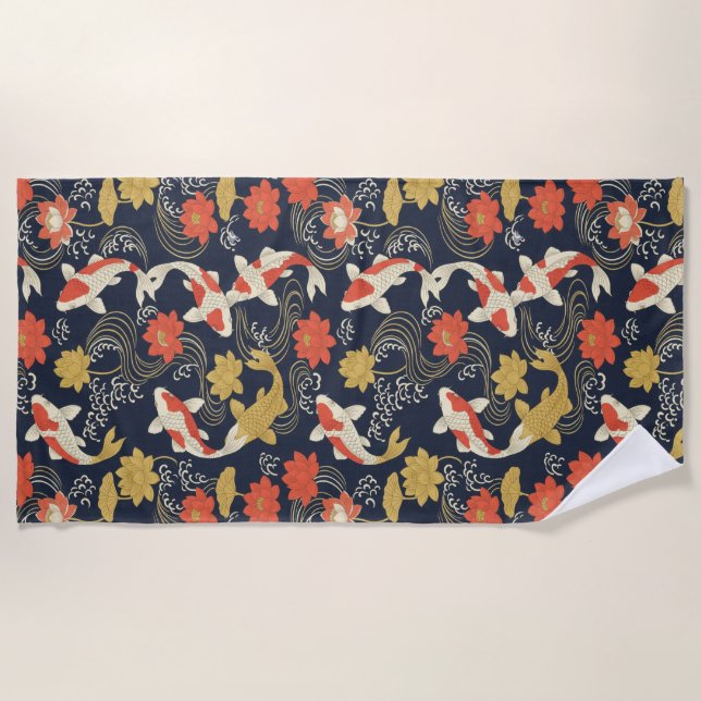 Toalla De Playa Elegant Koi Fish and Lotus Pattern (Anverso)