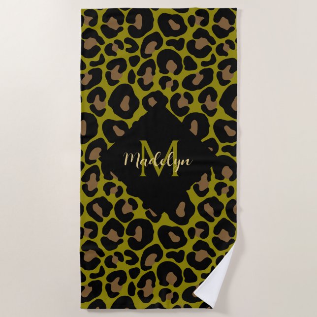 Toalla De Playa Elegant olive green and black leopard Monogrammed  (Anverso)