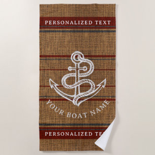 Toalla De Playa Elegante Ancla Burlap Nautical Boat Name Personali