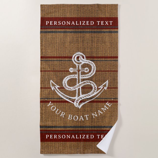 Toalla De Playa Elegante Ancla Burlap Nautical Boat Name Personali (Anverso)