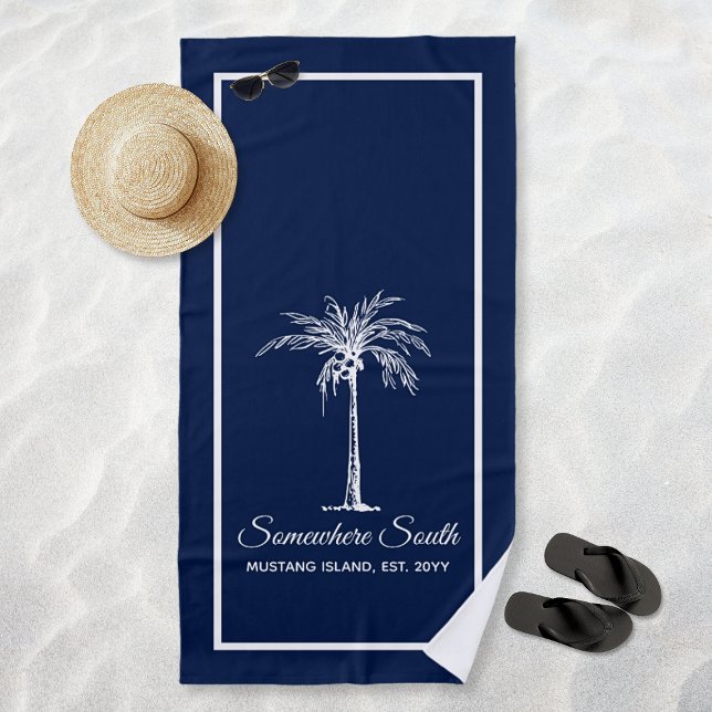 Toalla De Playa Elegante árbol blanco azul de la marina personaliz (Elegant Navy Blue White Palm Tree Personalized Beach Towel)
