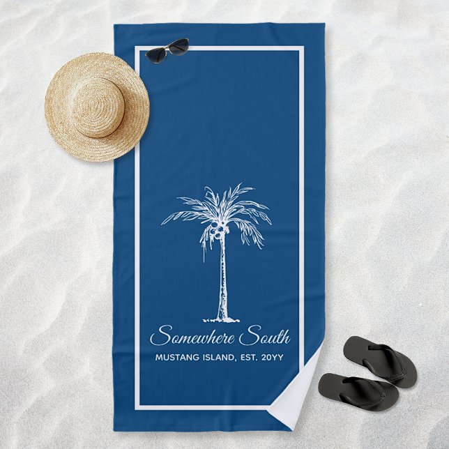Toalla De Playa Elegante árbol de palmas blancas azules personaliz (Elegant Blue White Palm Tree Personalized Beach Towel)