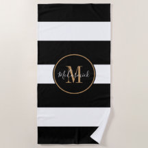 Elegante Black White Stripes Gold Monograma Nombre