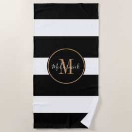 Toalla De Playa Elegante Black White Stripes Gold Monograma Nombre