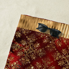 Toalla De Playa Elegante Burgundy Damask Gold