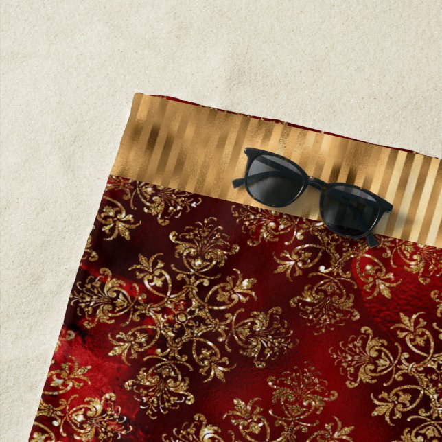 Toalla De Playa Elegante Burgundy Damask Gold (In situ)